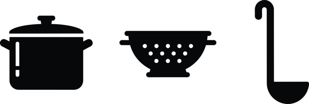 Cooking pot colander and ladle icons set isolated on white background black silhouette collection for kitchen and food preparation use
