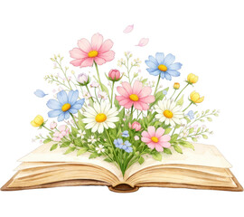 Fototapeta premium PNG Open book blossoms with flowers.