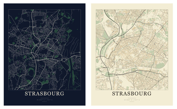 Strasbourg France city map poster design template, abstract minimalist street road network cartography layout vector illustration set with navy blue and vintage beige theme