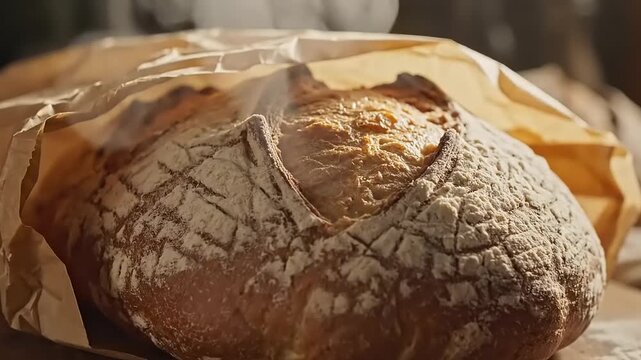 Freshly baked bread on brown paper.