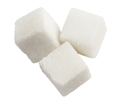 White sugar cubes floating, isolated on cutout transparent background