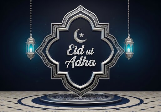 Elegant Eid ul Adha decoration with hanging Islamic lanterns and crescent moon star emblem
