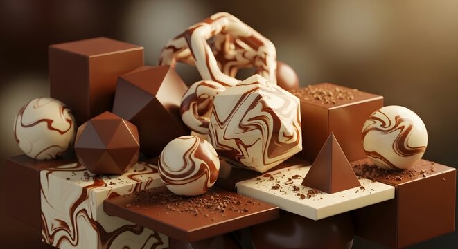 Abstract chocolate geometry with marbled spheres and geometric candy shapes.