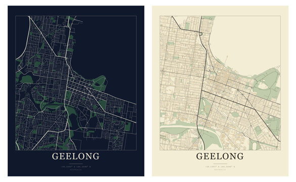 Geelong city map vector art set with dark and light theme minimalist geometric street map poster template for home decor wall art illustration