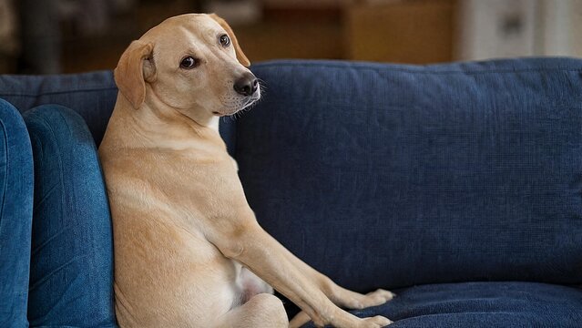 Adorable Yellow Labrador Mix Dog Sitting on Blue Sofa and Looking at Camera with Funny Guilty Expression