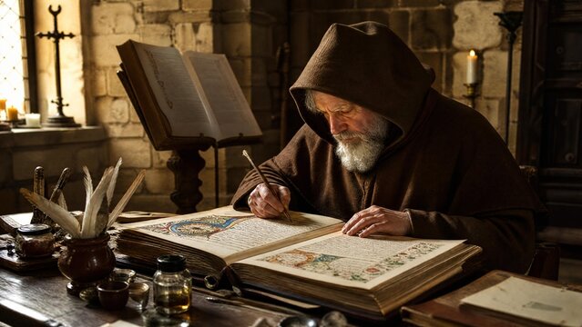 Medieval Monk Scribe Writing Illuminated Manuscript in Ancient Monastery Library