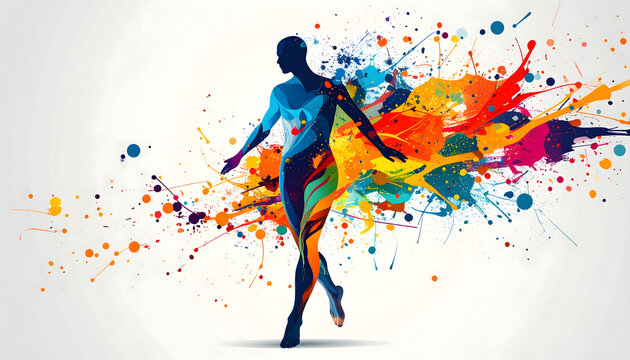 Abstract colorful vector illustration of a dancing woman silhouette with vibrant paint splashes and grunge design elements for a music disco party
