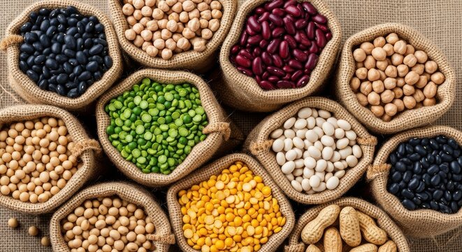 Assorted Legumes and Pulses in Burlap Sacks - Variety of Healthy Beans, Peas, and Chickpeas for a Balanced Diet
