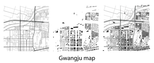Vector map of Gwangju city with roads and building footprints outline urban planning and geographic layout design element isolated on white (১৪১ ক্যারেক্টার) © Jabeda