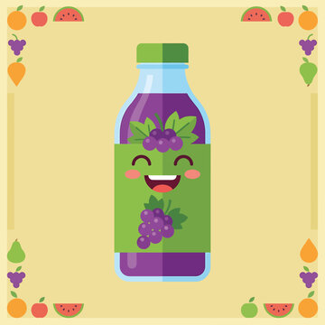 A cute cartoon bottle of purple grape juice with a happy face on its label, surrounded by a fruit border.