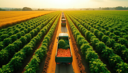 Obraz premium Line of trucks drives through neat green rows of plants, golden wheat fields. Trucks carry fresh produce like tomatoes, greens. Agriculture operations show scale, efficiency. Rural farm work in