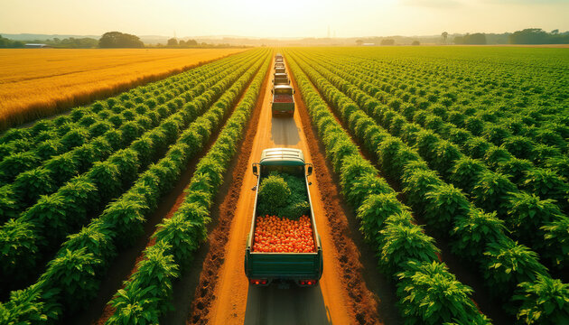 Line of trucks drives through neat green rows of plants, golden wheat fields. Trucks carry fresh produce like tomatoes, greens. Agriculture operations show scale, efficiency. Rural farm work in