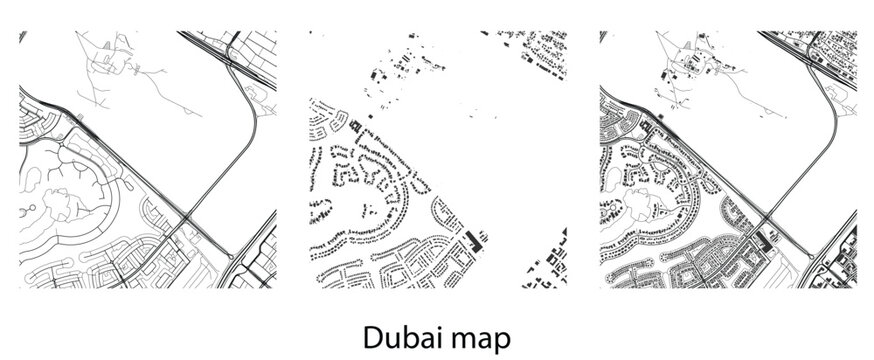 Abstract black and white Dubai city map vector illustration featuring urban street grids, residential building footprints, roads and development layout