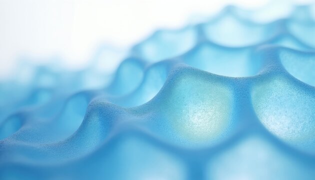 Abstract blue translucent cellular structure with honeycomb pattern. Delicate gossamer walls create a three dimensional web. Lightweight material, macro shot shows intricate detail and soft light.