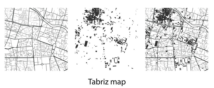 Tabriz city map set with streets and building footprints vector illustration template for urban planning tourism and graphic design background