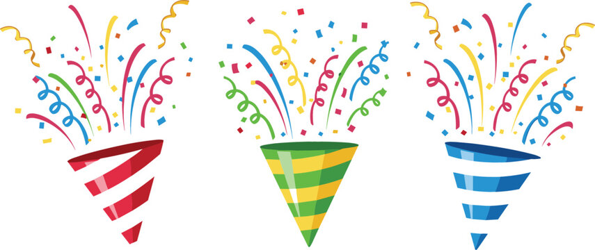 Colorful party popper vector illustration set with exploding confetti and streamers isolated on a white background
