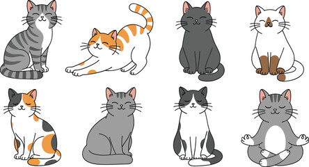 Cute cartoon cat vector illustration set with various friendly kittens sitting stretching and meditating on white background © Azay Chandra