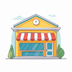 Obraz premium Cartoon Storefront with Awning and Clock