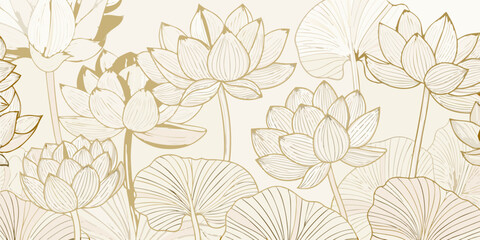 Obraz premium Golden line art lotus flowers and leaves elegant floral vector illustration on beige