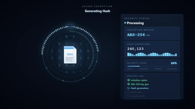 File Encryption Animation AES 256 Security Process with Hash Operations and Lock Stages