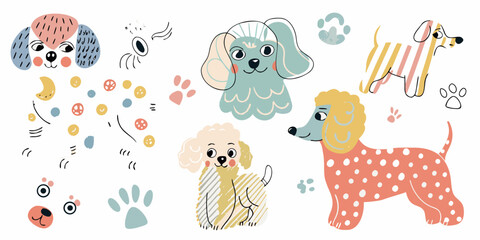 Fototapeta premium Hand drawn dog breeds collection including poodle bulldog and dachshund illustrations