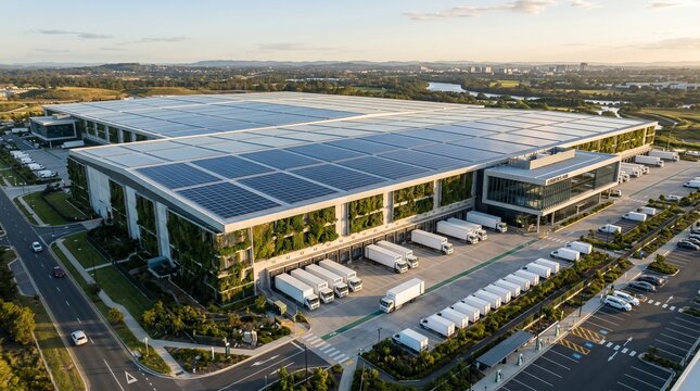 Aerial view of modern logistics warehouse with rooftop solar panels sustainable supply chain.