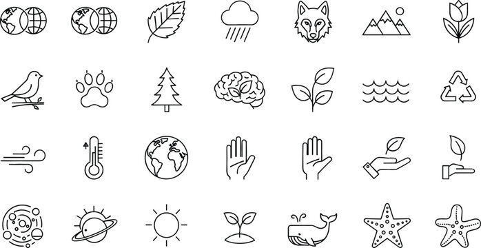Environmental conservation and earth science line icon collection featuring climate weather green energy and wildlife protection vector symbols