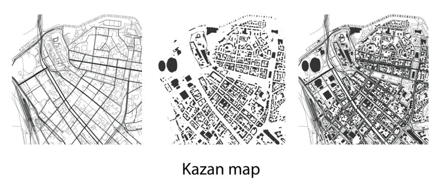 Kazan city vector map, detailed black and white urban street plan with road networks and building footprints, isolated geographic layout layout for design.