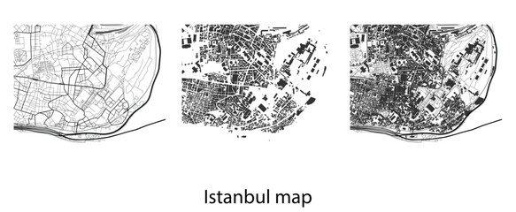 Istanbul city vector map, detailed black and white urban street plan with road networks and building footprints, isolated geographic layout for design. © Jabeda