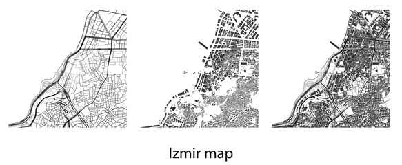 Izmir city vector map, detailed black and white urban street plan with road networks and building footprints, isolated geographic layout for design. © Jabeda