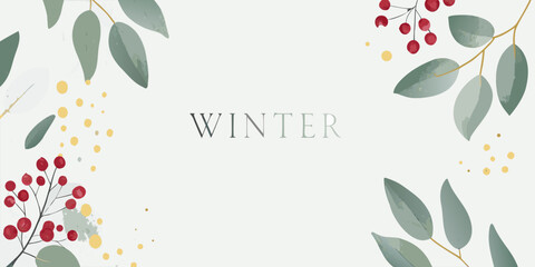 watercolor winter floral arrangement with leaves and berries on a pale background © Tapas