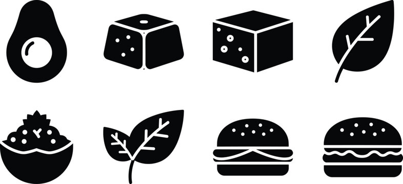 Healthy food icons set with avocado burger grains and leaves isolated on white background black silhouette collection for nutrition and diet design use