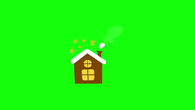 Cozy brown cabin with snow-capped roof, glowing golden cross-paned windows, and rhythmic chimney smoke puffs. Isolated on vivid green screen, crisp flat vector style, seamless looping animation.