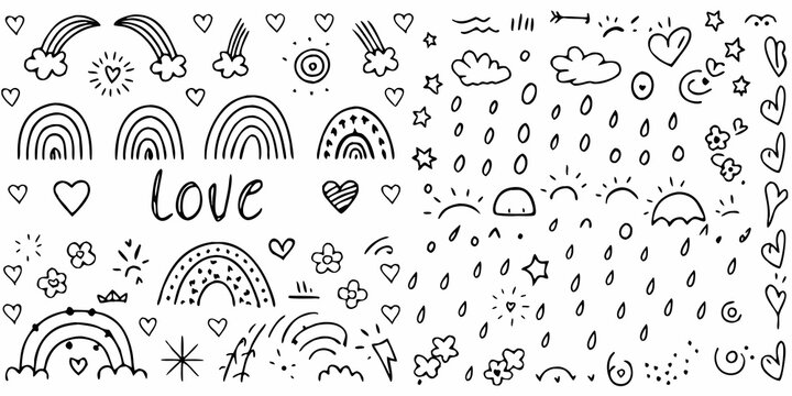 hand drawn black and white pattern with rainbows hearts clouds and suns