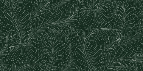 seamless monochromatic pattern of stylized ferns with delicate line work on a dark background © Tapas