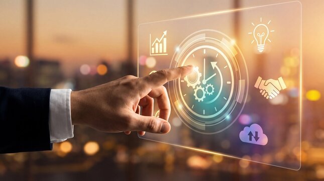 Hand interacting with futuristic time management interface for business efficiency and cost reduction