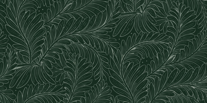 seamless monochromatic pattern of stylized ferns with delicate line work on a dark background