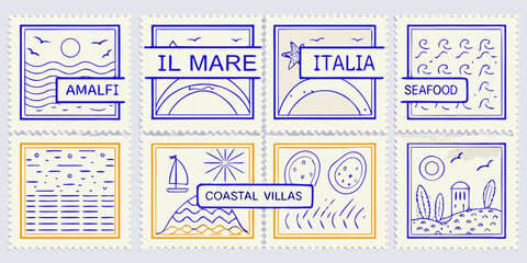 six vintage style stamps featuring italian coastal themes and blue line art © Tapas