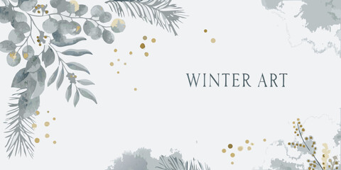 watercolor eucalyptus branches with golden dots and pine needles on a white background © Tapas