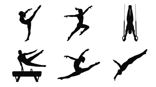 Collection of gymnastics silhouettes in various poses and exercises