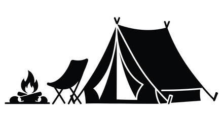 camping tent silhouette with campfire and chair on white background © Saidul_Studio1984