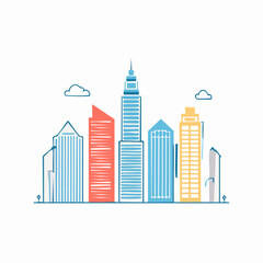 Obraz premium Stylized City Skyline with Colorful Buildings and Clouds