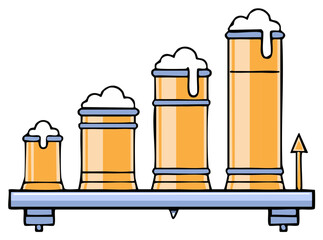 Fototapeta premium Cartoon Beer Mugs Bar Graph, Growing Business Concept, Chart Depicting Alcohol Sales Growth