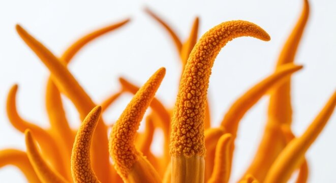 Close-up view of vibrant orange Cordyceps mushrooms showcasing their unique textured surface and organic growth