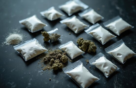 Various illicit drugs in small plastic bags arranged on dark surface. Bags contain white powder cocaine heroin, others cannabis buds. Drug dealing, addiction issues visually represented in setup.