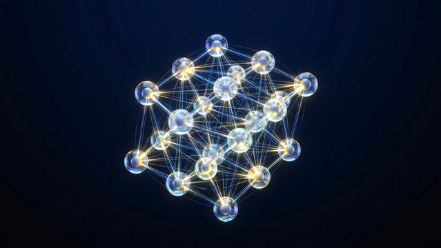 次世代パワー半導体の炭化ケイ素結晶格子を表現した抽象的なサイバー背景素材。文字を配置するための広いコピースペース付き / Abstract next generation power semiconductor silicon carbide crystal lattice conceptual cyber background with ample copy space for text.