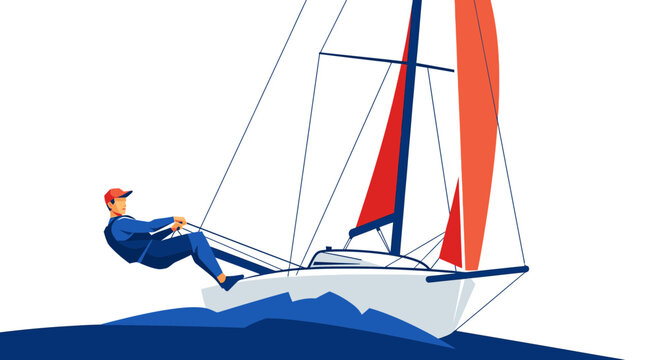 Sailboat racing, man sailing a dinghy with red sails, active sport, clean vector illustration
