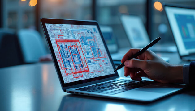 Person uses laptop with digital blueprint for mechanical system design. Planning tech project on computer with engineer schematic. Analyzing virtual model for efficient building systems.