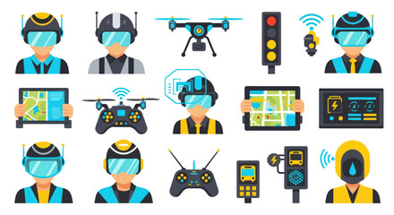 Fototapeta premium Modern Flat Smart City Future Tech Icons: Drones, VRAR, Autonomous Systems Intelligent Transportation