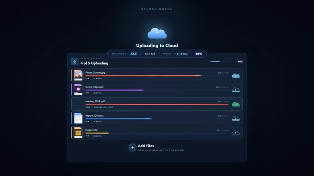 Cloud Upload Queue Dashboard with Multiple Files Active Sync and Progress Bars